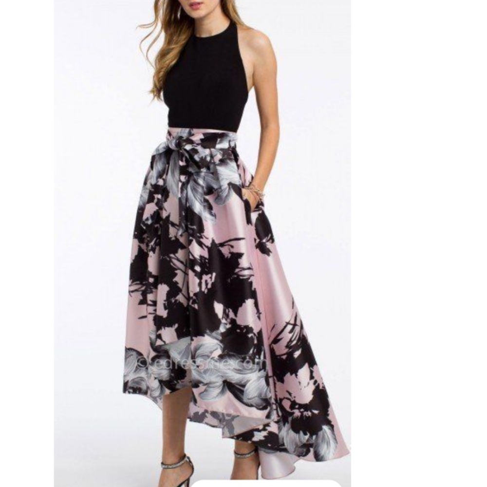 Hi-Lo Halter Prom Dress‎ Sz 6 Black/Pink by Ignite Evenings Printed Mikado Skirt